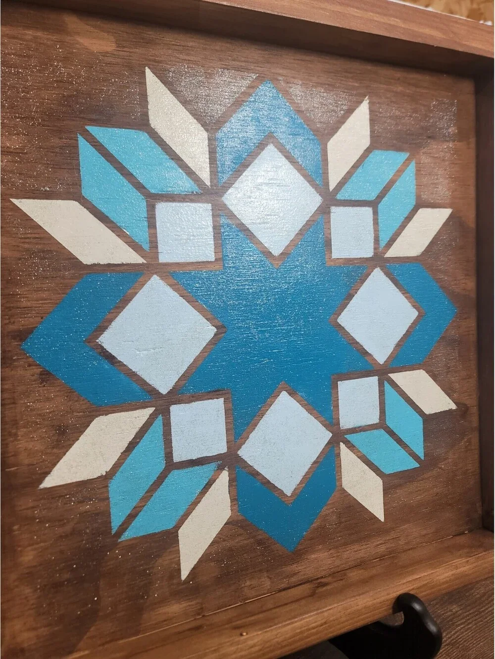 Handmade Wooden Tray With Painted Sparkly Teal Blue And White Barn Quilt Design